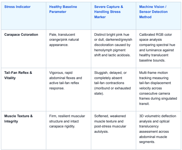 Informational comparison table of stress indicators across baseline parameters, severe stress markers, and machine vision methods; rows show Carapace Coloration, Tail-Fan Reflex & Vitality, and Muscle Texture & Integrity.